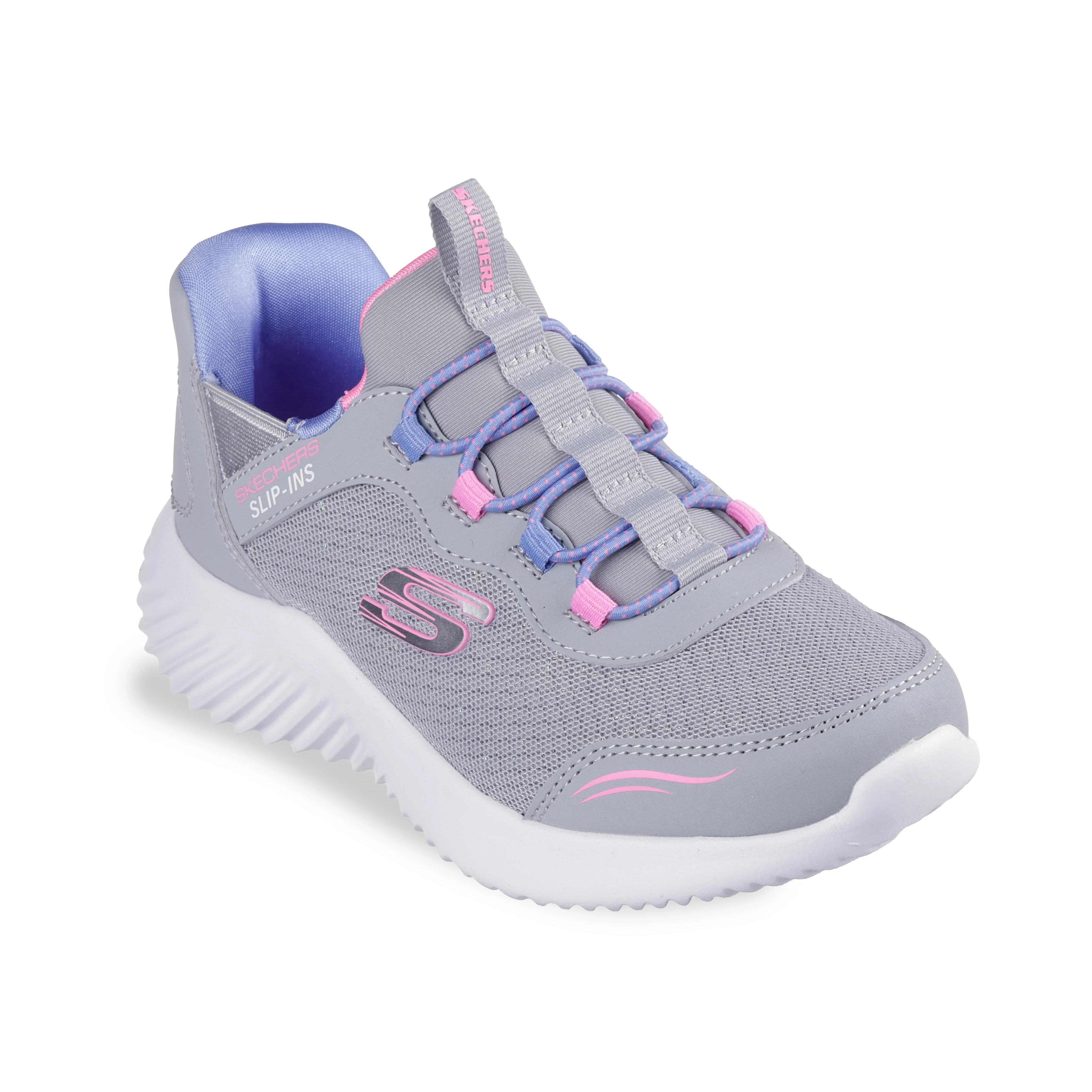 Tênis infantil feminino Skechers Bounder-Simple cinza visto de cima para ajuste e conforto